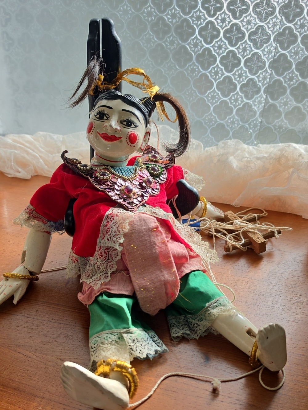 Antique Burmese Carved Wood Girl Marionette Doll Puppet Horse Hair Creepy